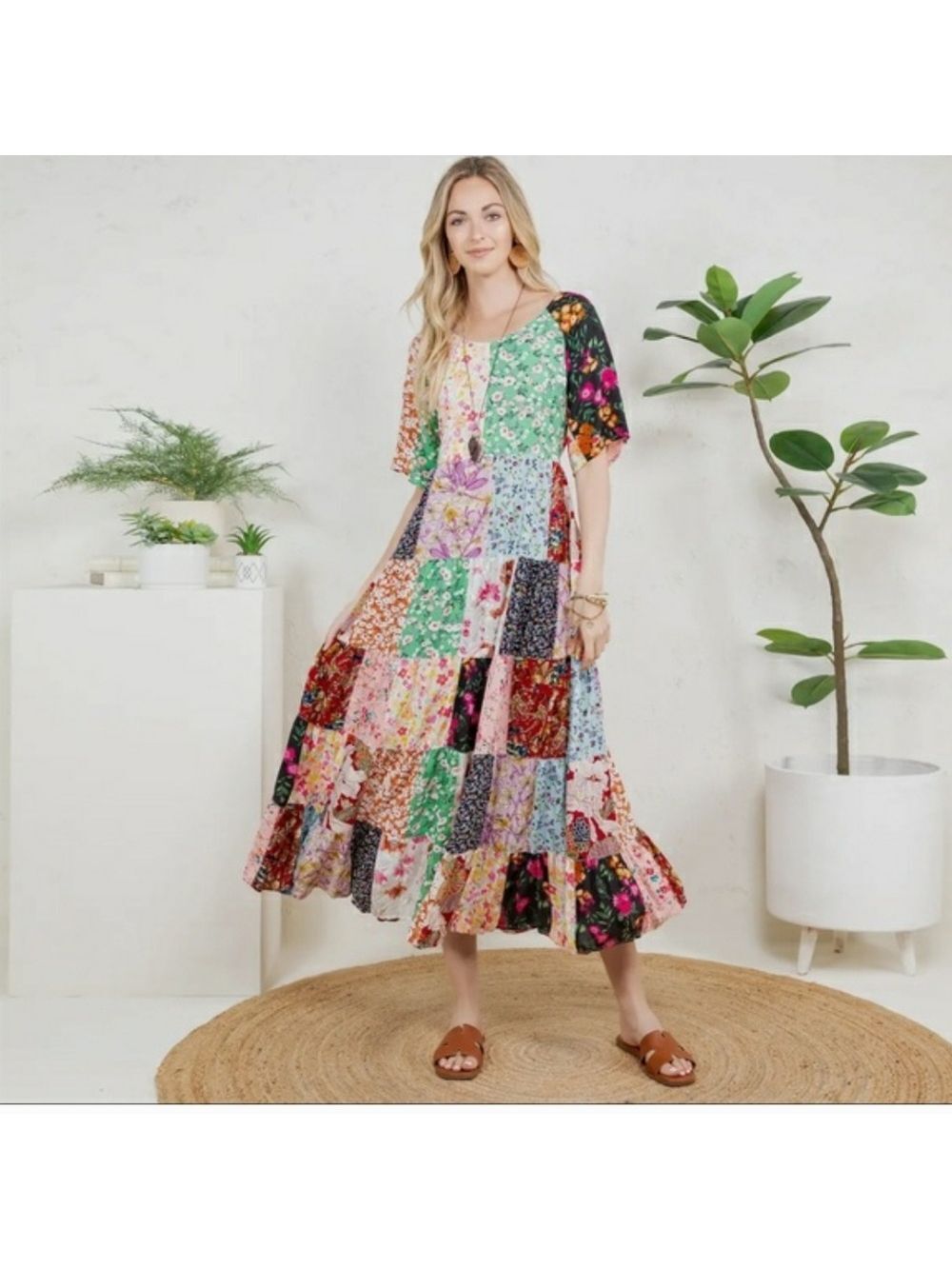 NWT Young Threads Colorful Patchwork Maxi Dress 1X